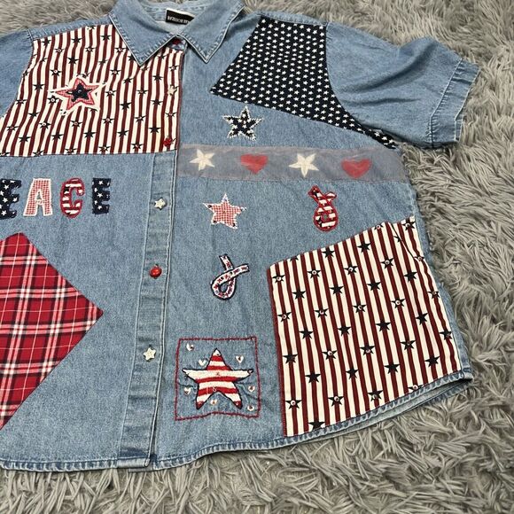 Vintage Fashion Bug Patchwork Embroidered 4th Of July Denim Shirt Size 18/20 USA - Picture 3 of 15